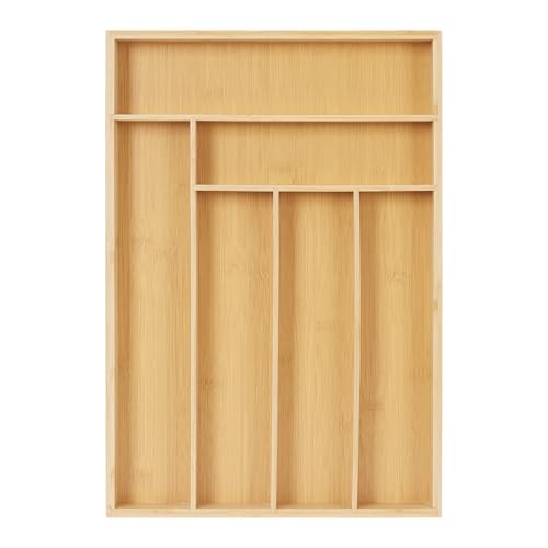 Besilord Organizador de cubiertos para cajones de cocina, organizador de utensilios de bambú, organizador de cubiertos en cajón, bandeja organizadora de cubiertos (6 ranuras, color natural