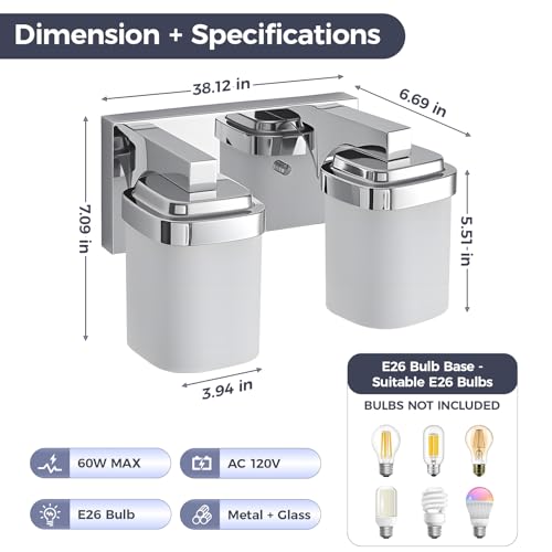 Image of 10 Inches Bathroom Vanity Light, 2-Light Chrome Bathroom Light Fixtures Over Mirror, Bathroom Light Shower Lamp with Milky White Square Glass Shade, Modern Farmhouse Lighting Fixtures