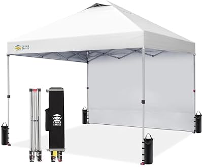 CROWN SHADES 10x10 Pop Up Canopy with 1 Side Wall - Beach Tent with One Push Setup - Outdoor Sun Shade for Events, Parties, Camping - Gazebo with STO-N-Go Cover Bag (White)
