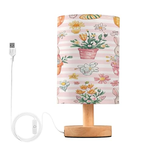 SDMKA Cute Easter Pattern Bedside Table Lamp for Bedroom, Minimalist Nightstand Lamp with Round Fabric Shade for Living Room, Office, No Bulb Required