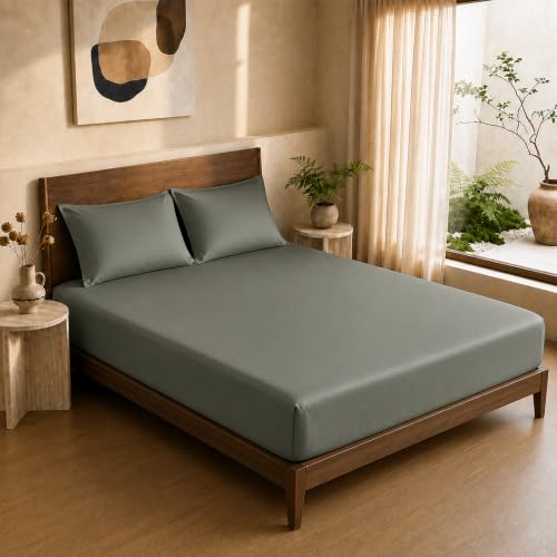 Image of HOMEMONDE 100% Bamboo King Size Fitted Bedsheet with 2 Pillow Covers | 300 TC Luxury Cooling Elastic Fitted Sheet | Ultra Soft, Breathable & Moisture Wicking | (Charcoal Grey, 78x72 Inches)