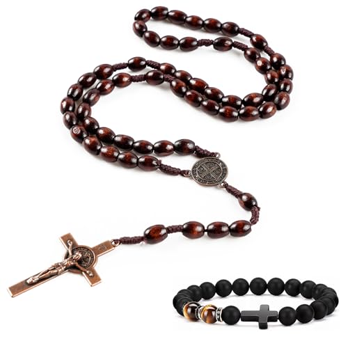 AIBAOBAO Chapelet Catholique en Bois Chapelet Chretien Croix Homme Femme Bracelet de Perles Homme Croix Oeil de Tigre pour Chrétiens Catholiques Communion...