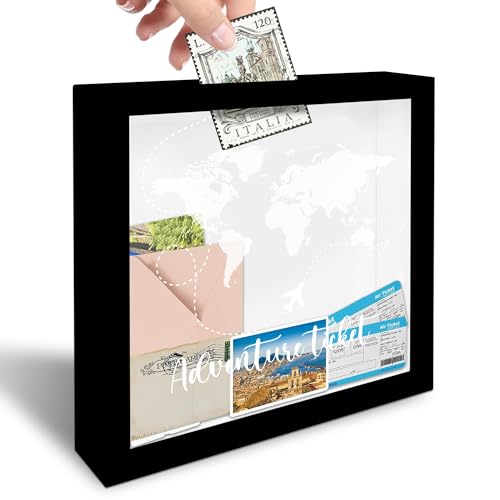 8 x 8 Black Travel Shadow Box Frame - Adventure Ticket - Travel Wooden Display Memory Saver with Slot for Tickets Keepsake - Gifts & Decorations for Family & Friends - A03