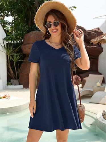 Image of KORSIS Dresses for Women Casual T-Shirt Summer Short Sleeve Loose Comfy Dress Swing Flowy Beach Vacation Sundress with Pocket