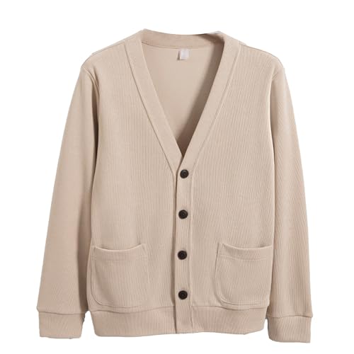 Mens Cotton Knit Cardigan Sweater Long Sleeve V Neck Button Down Sweaters Casual Loose Knit Cardigan with Pockets