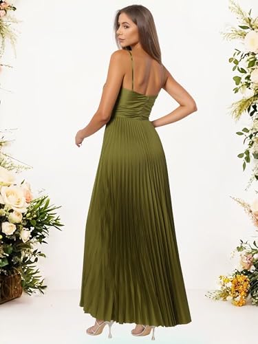 Satin Pleated Bridesmaid Dresses Spaghetti Straps Long Formal Gown for Women2
