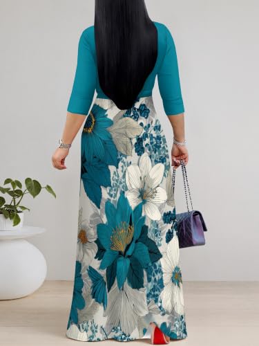 Image of PinkPatty Plus Size Maxi Dress for Women Casual V Neck 3 /4 Sleeve Boho Printed Long Dress with Pockets