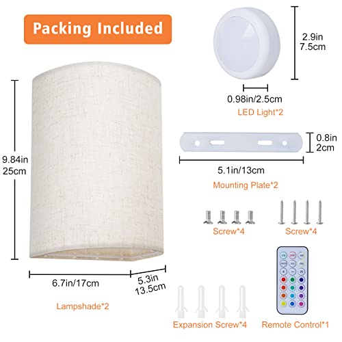 Pesuten Wall Sconce Lighting Decor, Battery Rechargeable Wall Sconce Set Of 2 With Fabric Shade Remote Control, 16 Rgb Colors Changeable Dimmable Wall Lamp Fixtures For Bedroom Living Room Hallway #TOP5