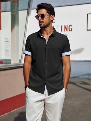 PJ PAUL JONES Men's Short Sleeve Button Down Shirt Wrinkle Free Casual Summer Beach Shirts with Plaid Contrast Flip Cuffs2