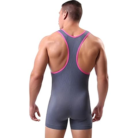 Men's Modified Wrestling Singlet Athletic Supporter Y-Back Sleeveless Suspender Romper Boxer Jumpsuit Leotard, Gray, Medium Cover