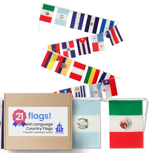 Quarterhouse Lot de 21 drapeaux de pays en langue espagnole pour la salle de classe – 18 pays d'Amérique latine plus l'Espagne, Porto Rico et (nouvelle) Guinée équatoriale – Polyester 20,3 x 30,5 cm
