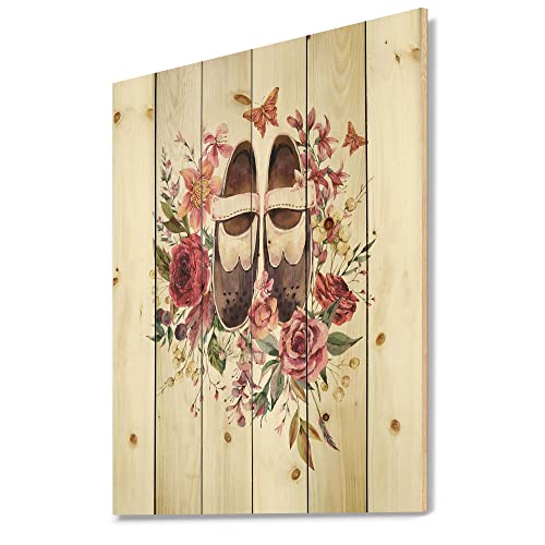 Image of DesignQ Vintage Oxford Shoes With Wildflowers Farmhouse Wood Wall Decor, White Wood Wall Art, Large Floral Wood Wall Panels Printed On Natural Pine Wood Art
