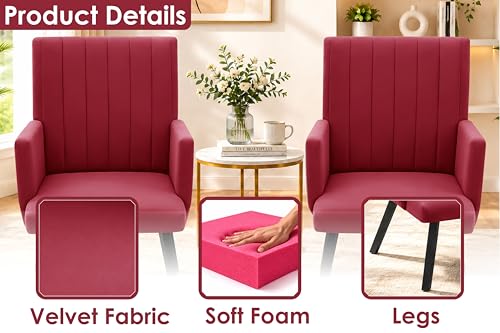 Image of Rosebell Modern Velvet Office Chairs Set of 2 with Armrests & Metal Legs | Upholstered High Back Leisure Chairs for Living Room, Bedroom, Office, Cafe & Dining Room | Red