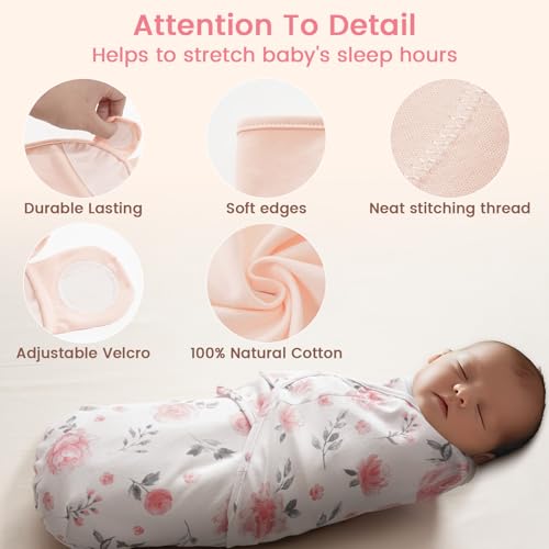 Image of david's kids 100% Cotton 3 Pack Baby Swaddle Wrap for 0-3 Months, Soft Breathable Swaddle Blanket for Newborn Infant, Adjustable Baby Wrap Sleep Sacks for Girls, Newborn Essentials, Pink Floral