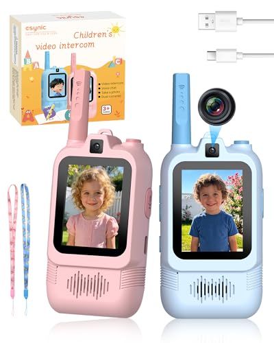 eSynic Walkie Talkies Niños con Cámara Doble Juguete Videollamada Intercomunicador Infantil Recargable Largo Alcance 500 Metros para Exploración Radios Bidireccionales Regalo Cumpleaños Azul Rosa