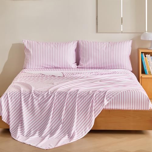 Image of MCO 4Pieces Striped Sheets Set, Breathable Full Sheet Set with 16 inch Deep Pocket,Modern & Luxury, Brushed Microfiber Bedding Set(Full, Pink Simple)