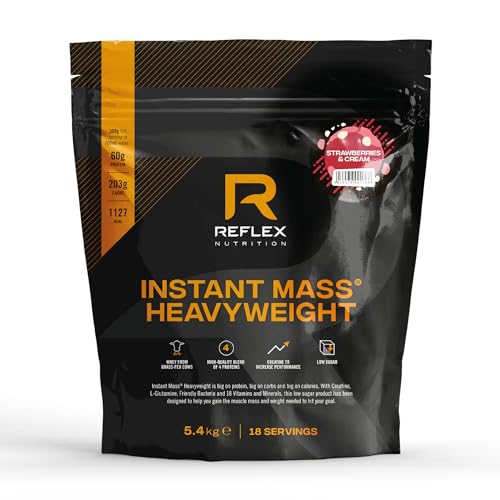 Reflex Nutrition Instant Mass Heavyweight - Mass Gainer - Over 1000 Kcal per Serving, 60g Protein, Creatine - High Calorie Post Workout or Before Bed Protein Shake (Strawberries & Cream, 5.4 kg)