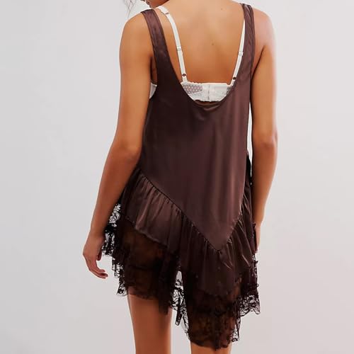 Image of Luckinbaby Women Y2k Mini Dress Lace Flowy Short Tank Dress Backless Ruffle Spaghetti Strap Sleeveless Slip Under Dress