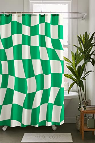 Yokii Green Groovy Checkered Fabric Shower Curtain Set With Hooks, 180Gsm Heavy Duty Simple Minimal Checkerboard Bathroom Curtains, Retro Aesthetic Hippie Funky Fun Shower Curtains For College Dorm #TOP1