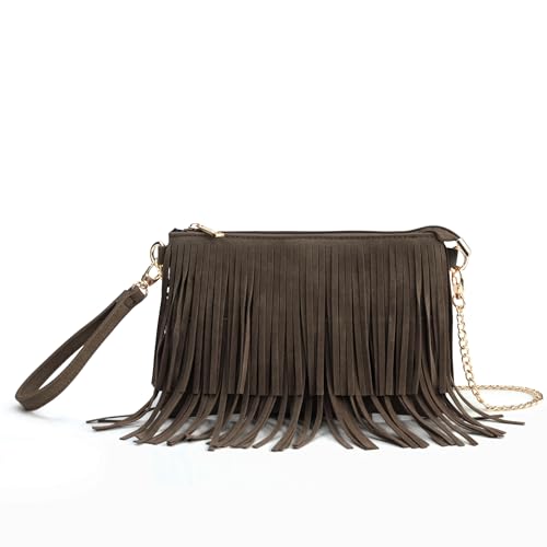 HOXIS Fringe Cross Body Bag Womens Small Shoulder Bag Top Zip Wristlet (Coffee) by HOXIS - Used condition - US$16.49