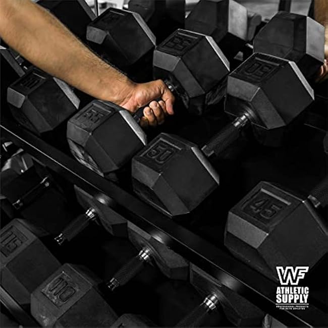 WF Athletic Supply Rubber Encased Hex Dumbbells with Rubber Grip Contoured Handle for Muscle Toning, Strength Building & Full Body Workout