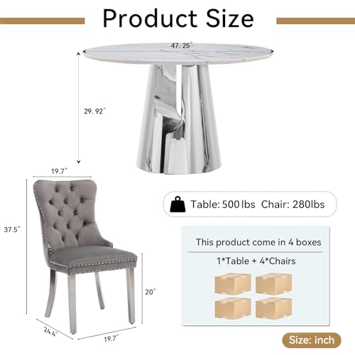 Image of 5-Piece Round Dining Table Set for 4, Modern Faux Marble Kitchen Table and Grey Velvet Chairs Set of 4, Luxury 45 inch Circle White Silver Dining Room Tables with Stainless Steel Base