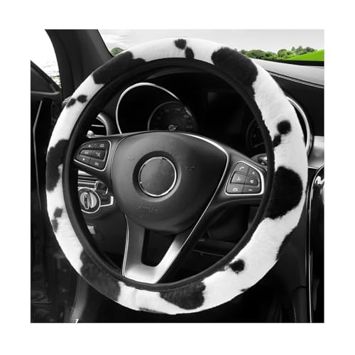 Gasedin Cow Print Car Accessories Set Soft Fluffy Plush Cute Cow Steering Wheel Cover & Handbrake Cover Warm Furry Cow Print Armrest Mat & Shift Gear Cover Car Accessories (Steering Wheel Cover)