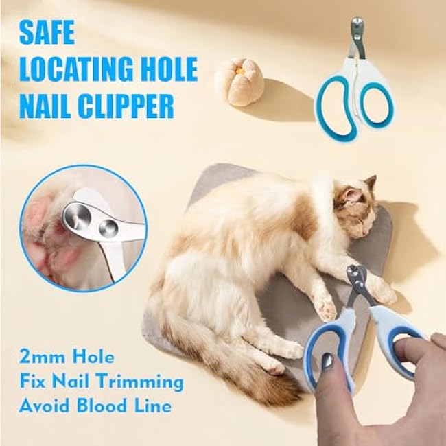 Grooming Brush Kit - 5pcs for Shedding & Matted Fur, Self-Cleaning with Flea Comb for Indoor Long-Haired Cats, Blue-485EK6nJ