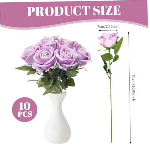 Hbbgdiy 10PCS Purple Roses Artificial Flowers 20 Inch Realistic Long Stem Lavender Fake Roses for Valentine\'s Day, Wedding Bouquet, Home Decoration Display