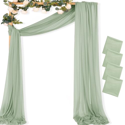 Image of MLMC Sage Green Wedding Arch Draping Fabric 4 Panels 29 inch x 20 FT Extra Long Gauze Drapes Sheer Backdrop Curtains 6.6 Yards Outdoor Drapery Panels for Wedding Ceremony Party Ceiling Decoration