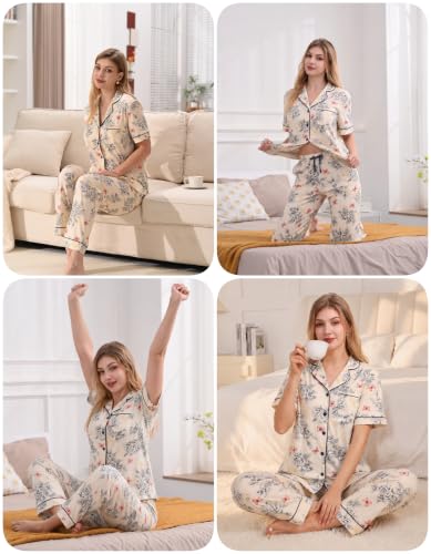 Image of NAP BOUND 100% Cotton Women's Pajama Sets Short Sleeve Button Down Soft Pjs 2 Piece Lounge Set with Pocket Nightwear XS-XXL