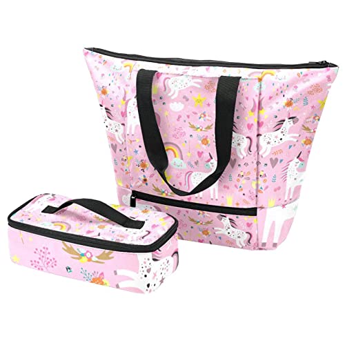 Sac à main licorne rose avec pochette repas isolante école et voyage