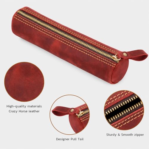 Image of ECHSRT Genuine Leather Pencil Pouch, Classic Cylinder Pen Bag - Red | Full-Grain Cowhide Leather, Crazy Horse Finish, Single Zipper, Vintage Pen Organizer for Adults