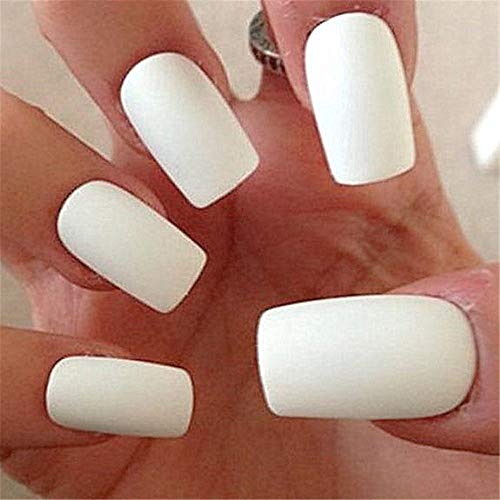 BloomingBoom 24 Pcs 12 Size Full Cover False Fake Nail Artificial Press On Salon Natural Round Square Squared Short Matte White