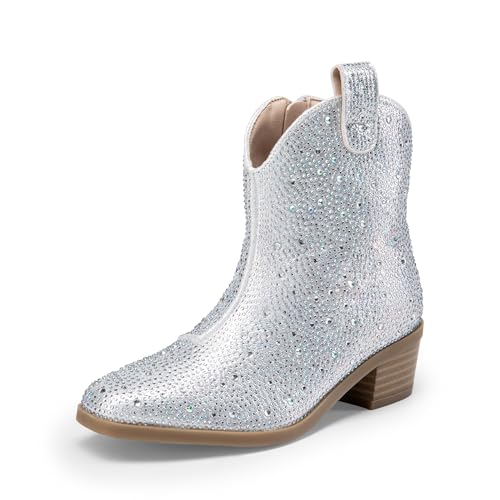 DREAM PAIRS Girls Cowgirl Cowboy Rhinestone Boots Ankle Low Heel Dress Booties