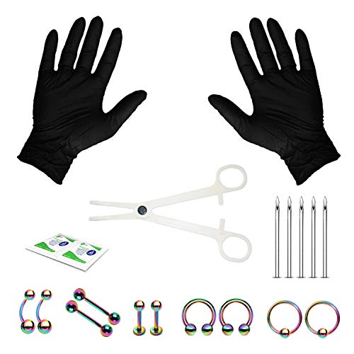 BodyJ4You 20PC Pro Piercing Kit BCR CBR Belly Labret Tragus Nipple Nose 14G Rainbow Body Jewelry