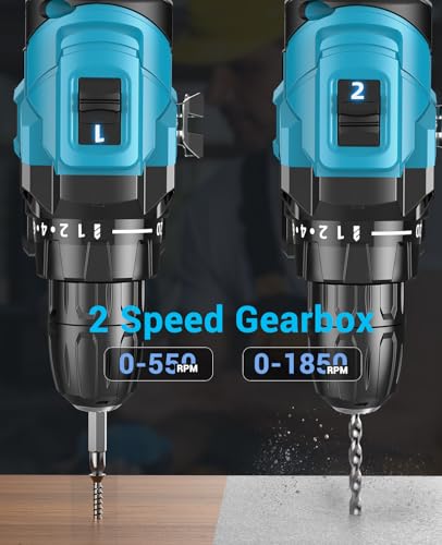 Taladro Atornillador Batería Sin Escobillas, LEEIKOO Atornillador Electrico con 2.0Ah Batería, 45N.m Taladro Inalámbrico, 21 Ajustes de Par, 20 Accesorios, 2 Velocidad, Luz LED Para Bricolaje, Azul - imagen 4