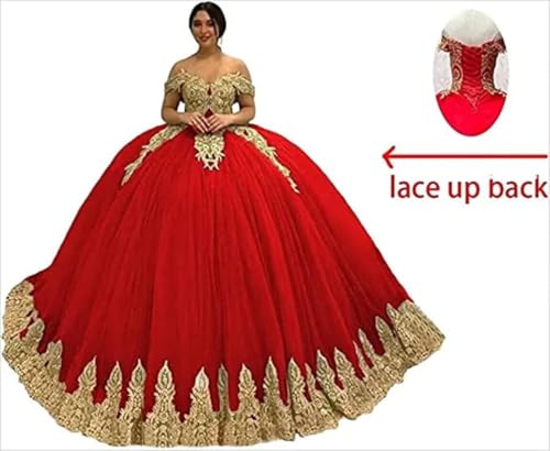 Women's Off Shoulder Quinceanera Dress Ball Gowns Long Formal Gold Applique Tulle Formal Evening Party Dresses4