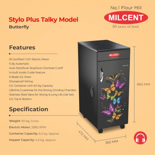 Image of Milcent Stylo Plus Talky Automatic Flour Mill | 1 HP ISI Motor | 6 Blade Stainless Steel Cutter | Fully Automatic Atta Chakki for Home | Multigrain Grinding | 5 Year Warranty (Butterfly Design)