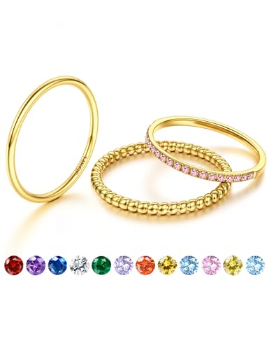 JeryWe Anillo con Piedra de Nacimiento, Anillos Finos Apilables en Oro para Mujer, Chapado en Oro 14K, No Deslustrantes, Anillos con CZ, Alianzas y Anillos ImpermeablesOctubre Rosa 14