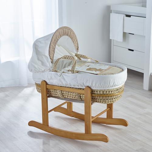 ELEGANT BABY Beary Nice Cream Palm Moses Basket with Deluxe Natural Rocking Stand, Adjustable Hood, Fibre Mattress & Padded Liner