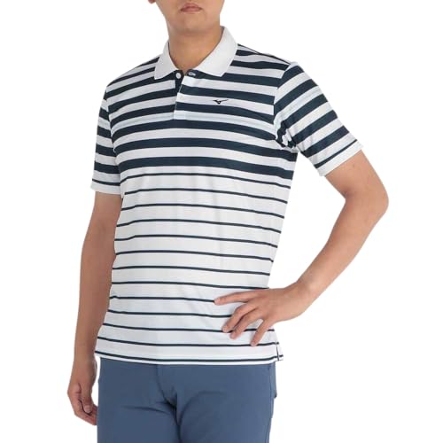 [ミズノ] ゴルフウェア 鹿の子 マルチボーダー プリント 半袖ポロシャツ 吸汗速乾 動きやすい設計 E2MAB015 メンズ ホワイト/ネイビー XL