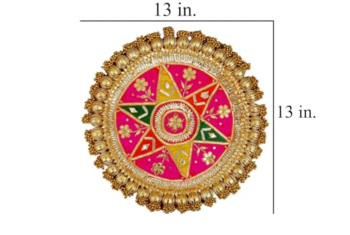 Image of Wood Handmade Gota Patti Work Plate, Table Decor & Base For Statues, Gods, Plant, Craftsmanship With Golden Moti Detailing, Gift For Diwali, Birthdays, Housewarming Size 13 inch Pink 1