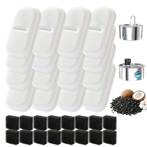 Cat Water Fountain Filter Set 16 Carbon Filters & 16 Foam Sponges Replacement for 108Oz/3.2L 67Oz/2L Stainless Steel Pet Water Dispenser Kitty Spout Pump Filters Promotes Hydration for Dogs Cats