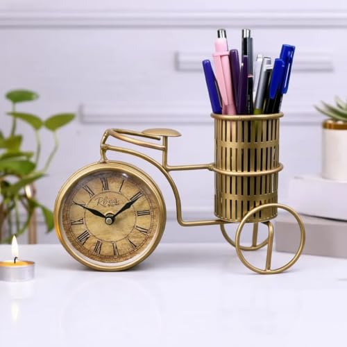 Image of Golden Cycle Pen Stand with Clock for Table Decoratoin, Elegant Desk Organizer, Bicycle Design, Handcrafted Metal Pen Holder with a Luxurious Gold Finish