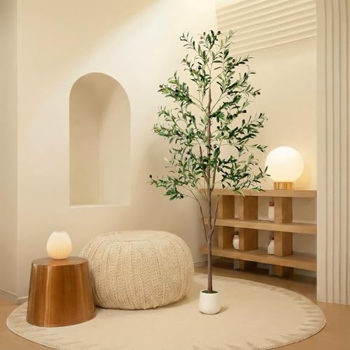 Olive Tree, 6FT Tall Faux Olive Tree with Moss and Planter, Olive Trees Artificial Indoor with Realistic Wood Trunk and Lifelike Fruits, Olive Fake Tree for Home Office Living Room Decor