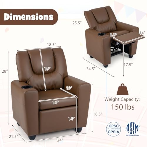 Image of GLACER Kids Recliner with Cup Holder, PU Leather Toddler Lounge Chair | Baby Recliner w /Adjustable Backrest & Footrest, Spring Seat Cushion, Push Back Toddler Sofa for Ages 3+, Supports 150 lbs