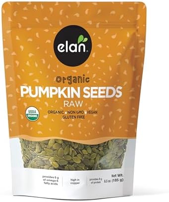 Elan Organic Pumpkin Seeds, 6.5 oz, Unsalted, Unroasted Shelled Kernels, No Shell, Non-GMO, Vegan, Gluten-Free, Kosher, Nutritious Seeds