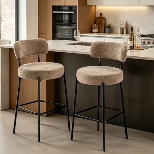 Image of Bar Stools, 30 inch Tall Bar Stools Set of 3, Boucle Upholstered Counter Height Bar Stools, Modern Bar Chairs Metal Frame with Back and Footrest for Kitchen Island, Barstools