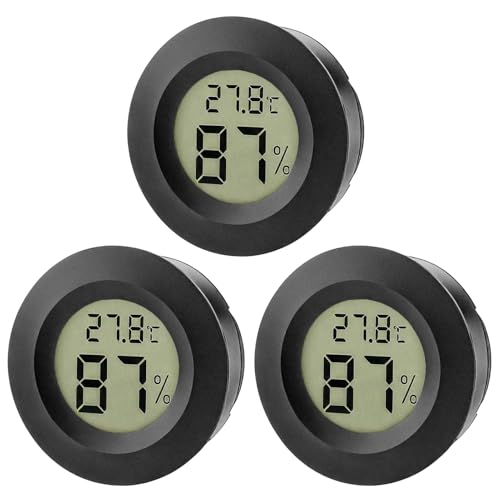 3 Pcs Hygrometer Thermometer, Mini Round Hygrometer LCD Digital Indoor Temperature Humidity Meter Monitor Gauge for Office Babyroom Dehumidifiers Humidifiers Greenhouse Reptile Basement Humidor, Black
